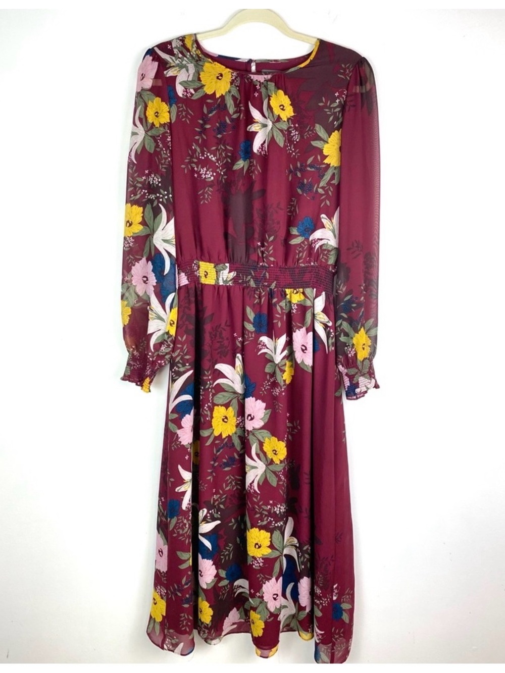 Vince Camuto Burgundy Floral Long-Sleeve Midi Dress S/M